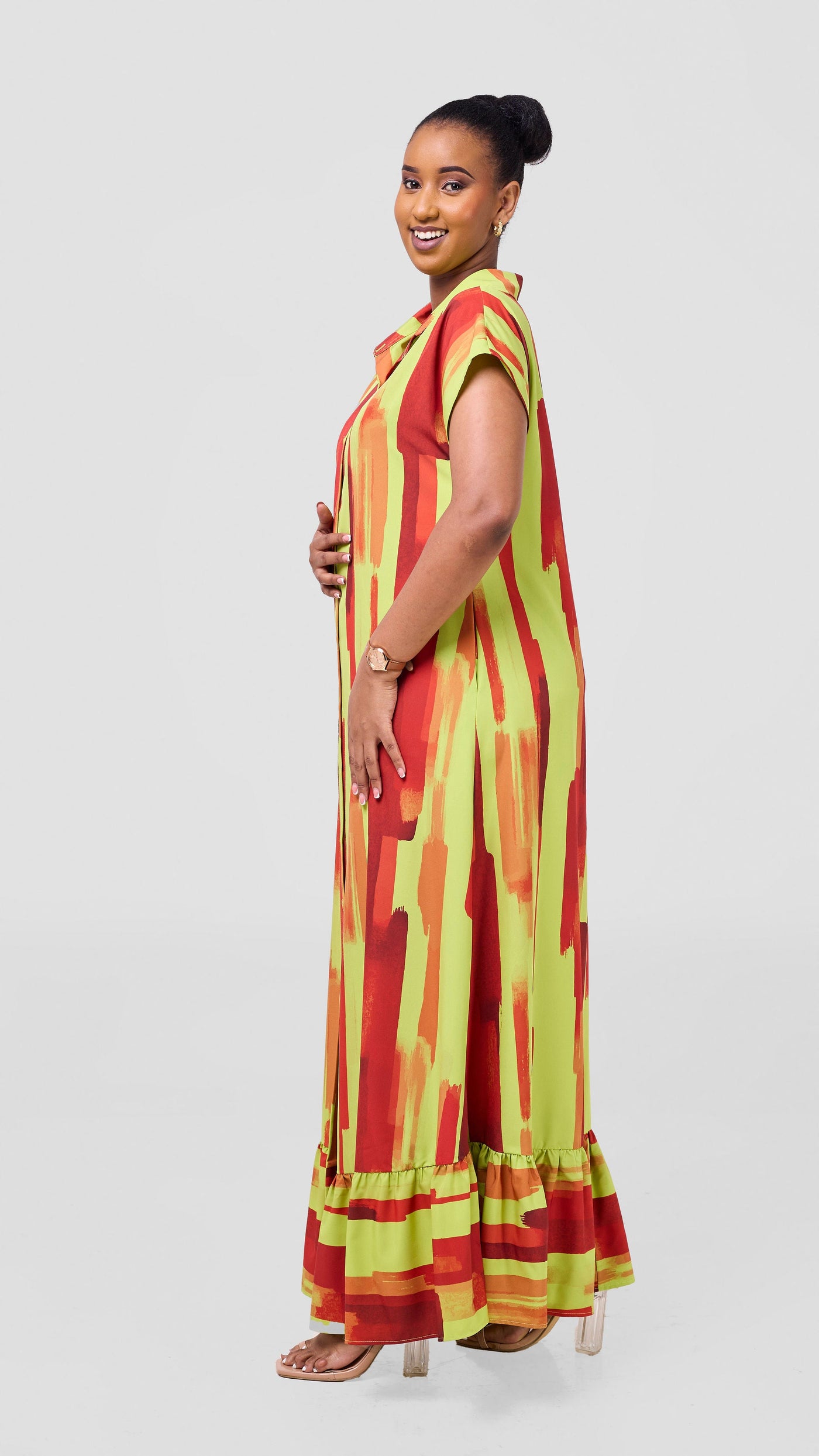 Vivo Maisha Drop Shoulder Maxi Dress - Olive / Dark Red Pasi Print