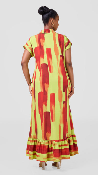 Vivo Maisha Drop Shoulder Maxi Dress - Olive / Dark Red Pasi Print