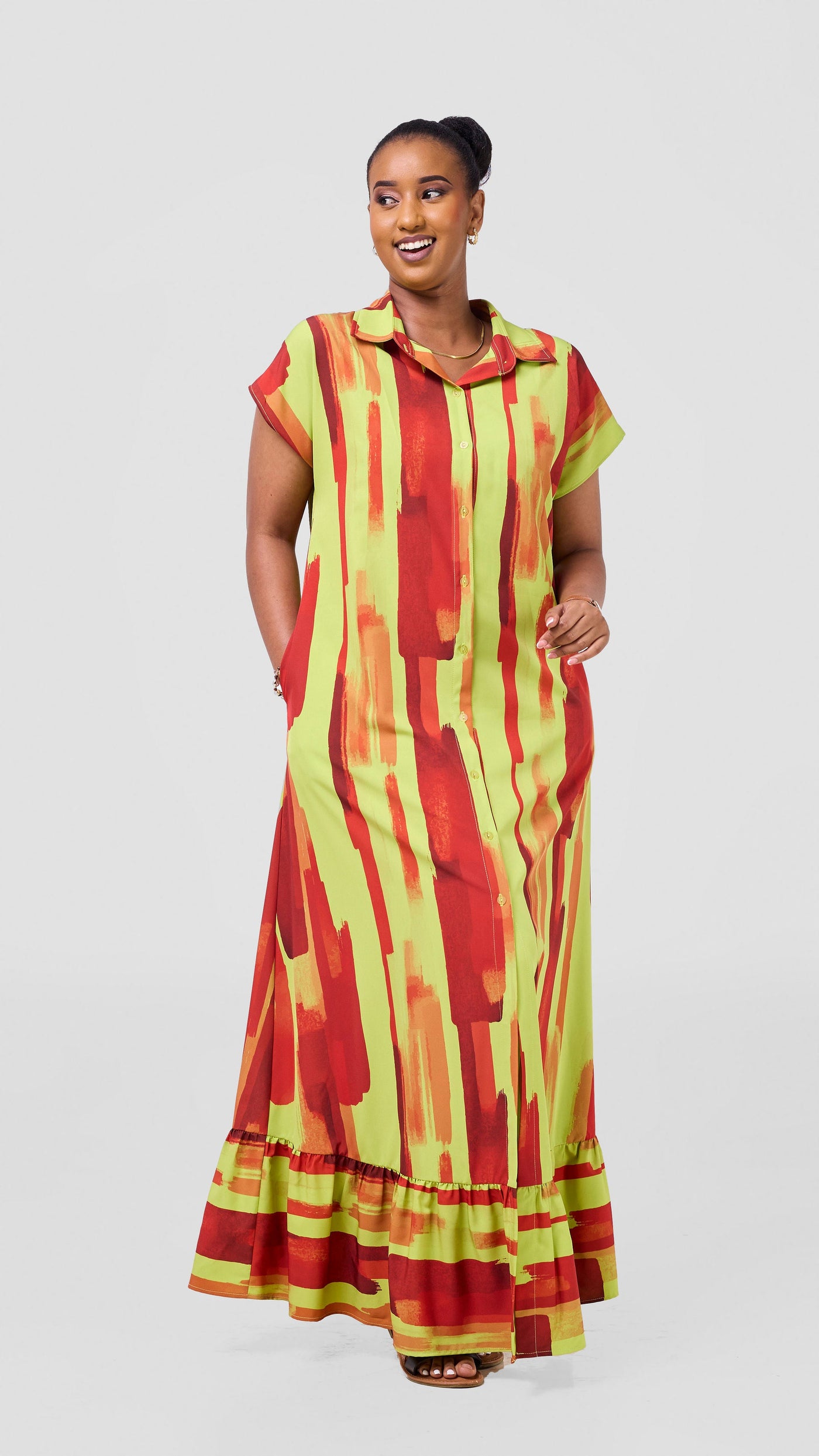 Vivo Maisha Drop Shoulder Maxi Dress - Olive / Dark Red Pasi Print