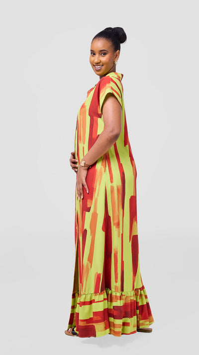 Vivo Maisha Drop Shoulder Maxi Dress - Olive / Dark Red Pasi Print