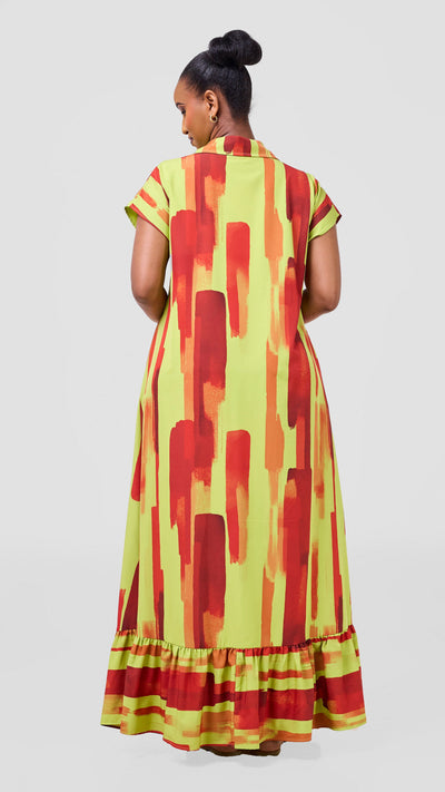 Vivo Maisha Drop Shoulder Maxi Dress - Olive / Dark Red Pasi Print