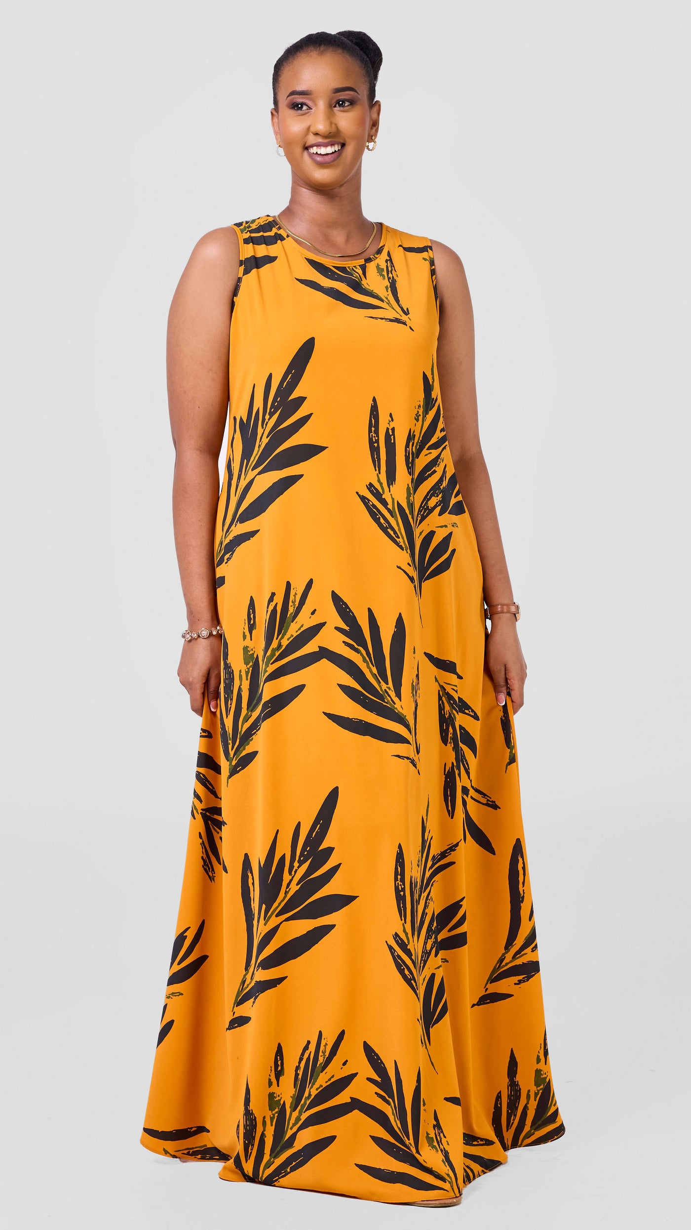 Vivo Basic Sleeveless Tent Maxi Dress - Mustard / Dark Green Ewale Print