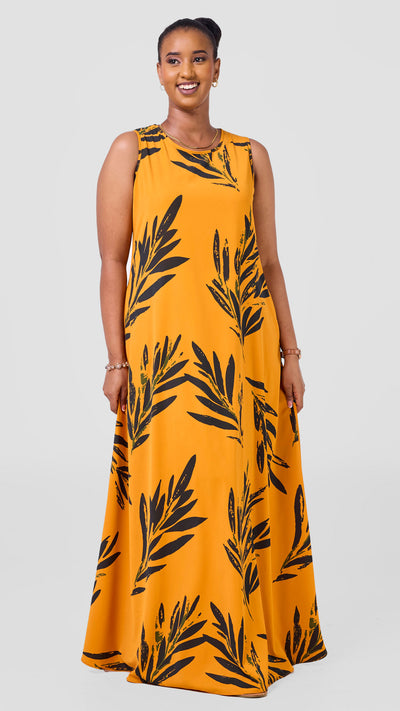 Vivo Basic Sleeveless Tent Maxi Dress - Mustard / Dark Green Ewale Print