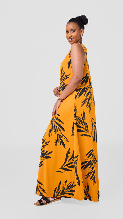 Vivo Basic Sleeveless Tent Maxi Dress - Mustard / Dark Green Ewale Print