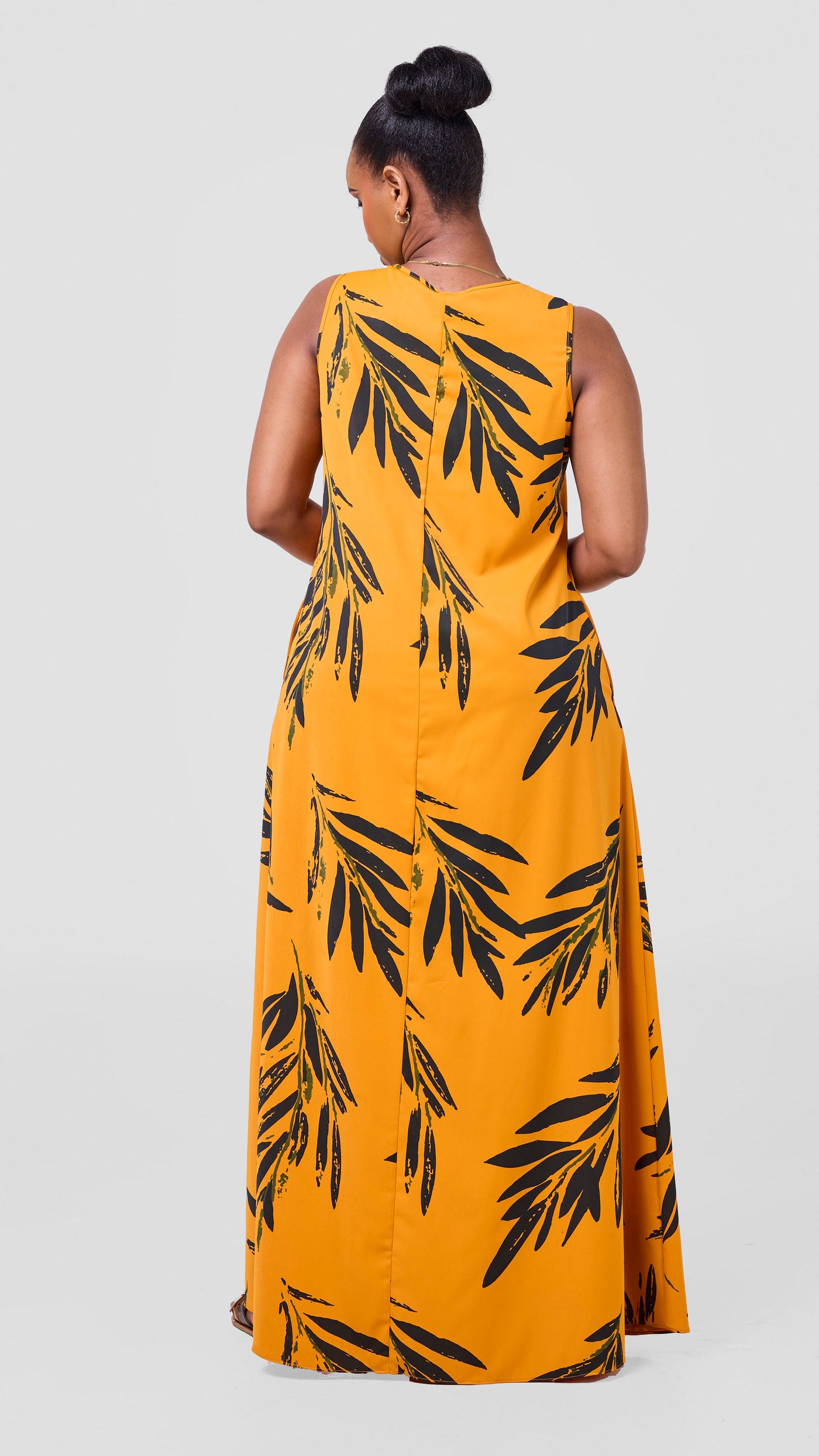 Vivo Basic Sleeveless Tent Maxi Dress - Mustard / Dark Green Ewale Print