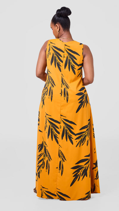 Vivo Basic Sleeveless Tent Maxi Dress - Mustard / Dark Green Ewale Print