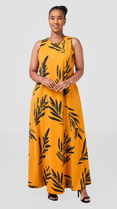 Vivo Basic Sleeveless Tent Maxi Dress - Mustard / Dark Green Ewale Print