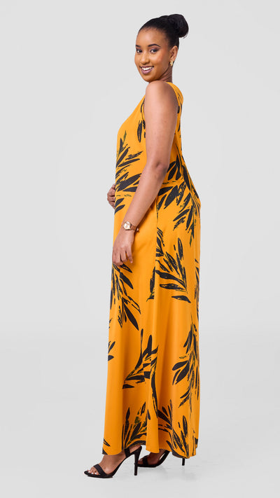 Vivo Basic Sleeveless Tent Maxi Dress - Mustard / Dark Green Ewale Print