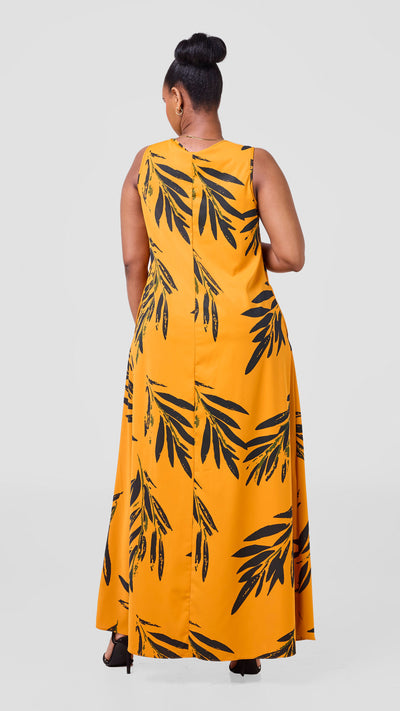 Vivo Basic Sleeveless Tent Maxi Dress - Mustard / Dark Green Ewale Print