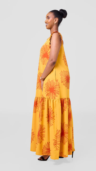 Vivo Ava Tent Flounce Maxi Dress - Mustard Orange Sella Print