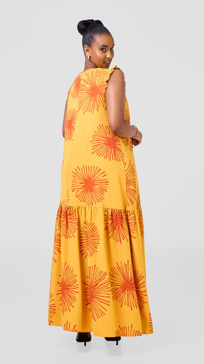 Vivo Ava Tent Flounce Maxi Dress - Mustard Orange Sella Print