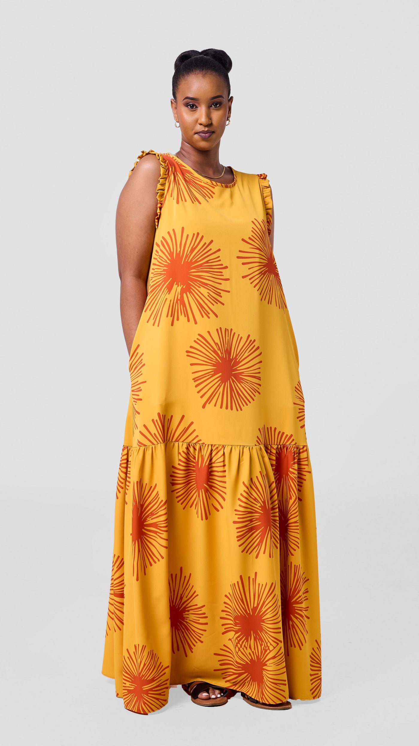 Vivo Ava Tent Flounce Maxi Dress - Mustard Orange Sella Print