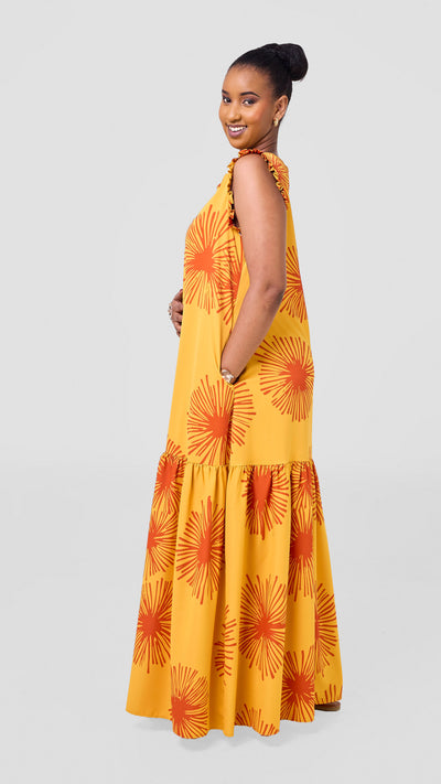 Vivo Ava Tent Flounce Maxi Dress - Mustard Orange Sella Print