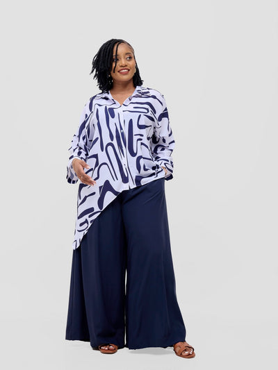 Vivo Serwa Asymmetric Top - White / Navy Sera Print - Shopzetu