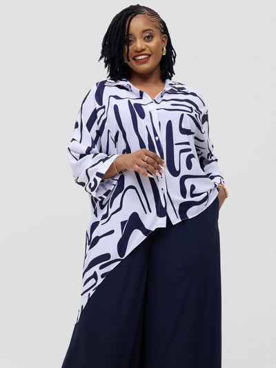 Vivo Serwa Asymmetric Top - White / Navy Sera Print - Shopzetu