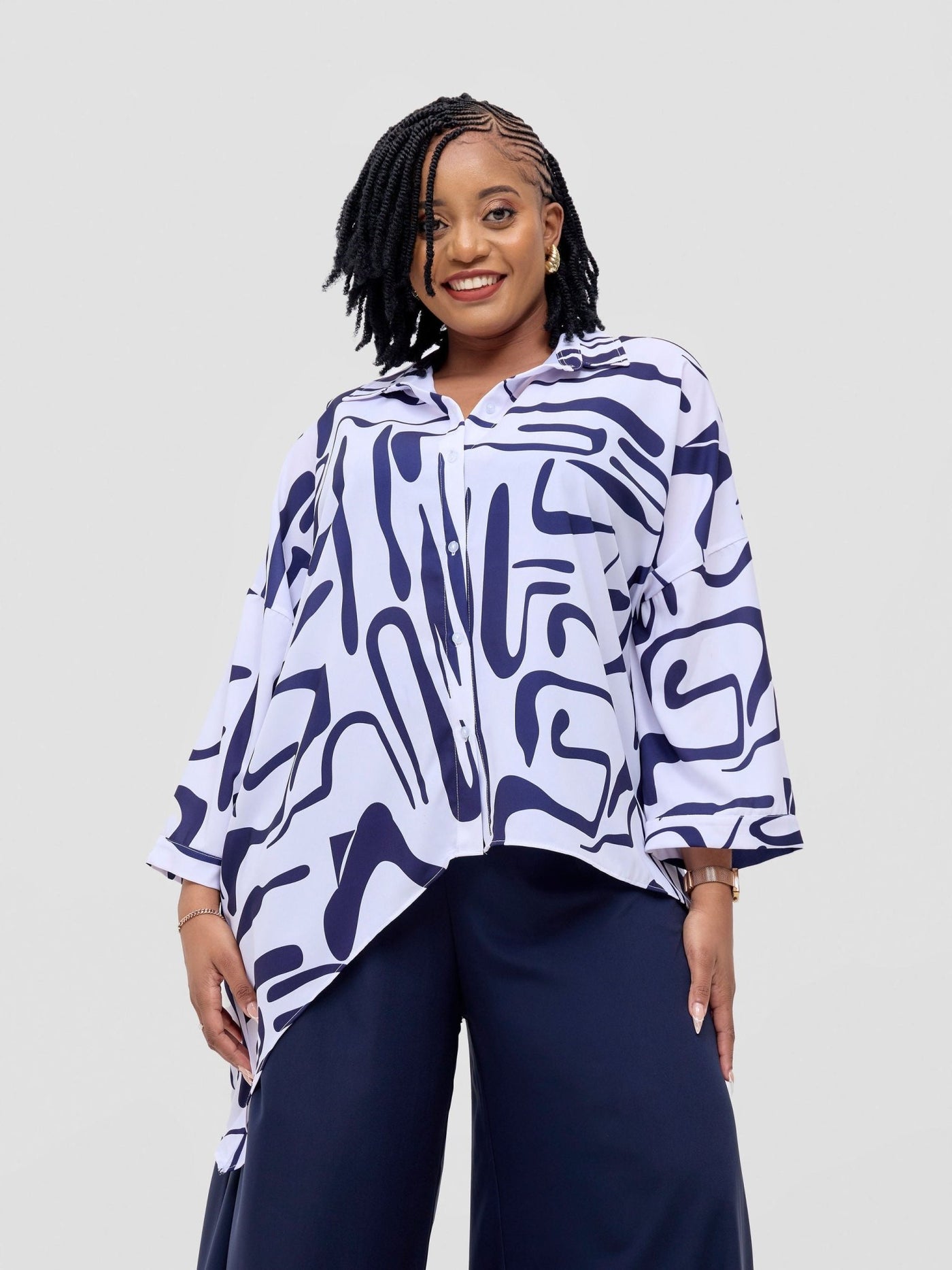Vivo Serwa Asymmetric Top - White / Navy Sera Print - Shopzetu