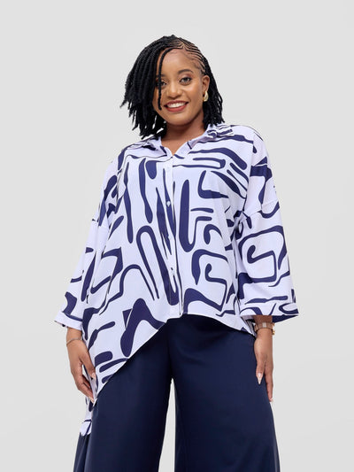 Vivo Serwa Asymmetric Top - White / Navy Sera Print - Shopzetu