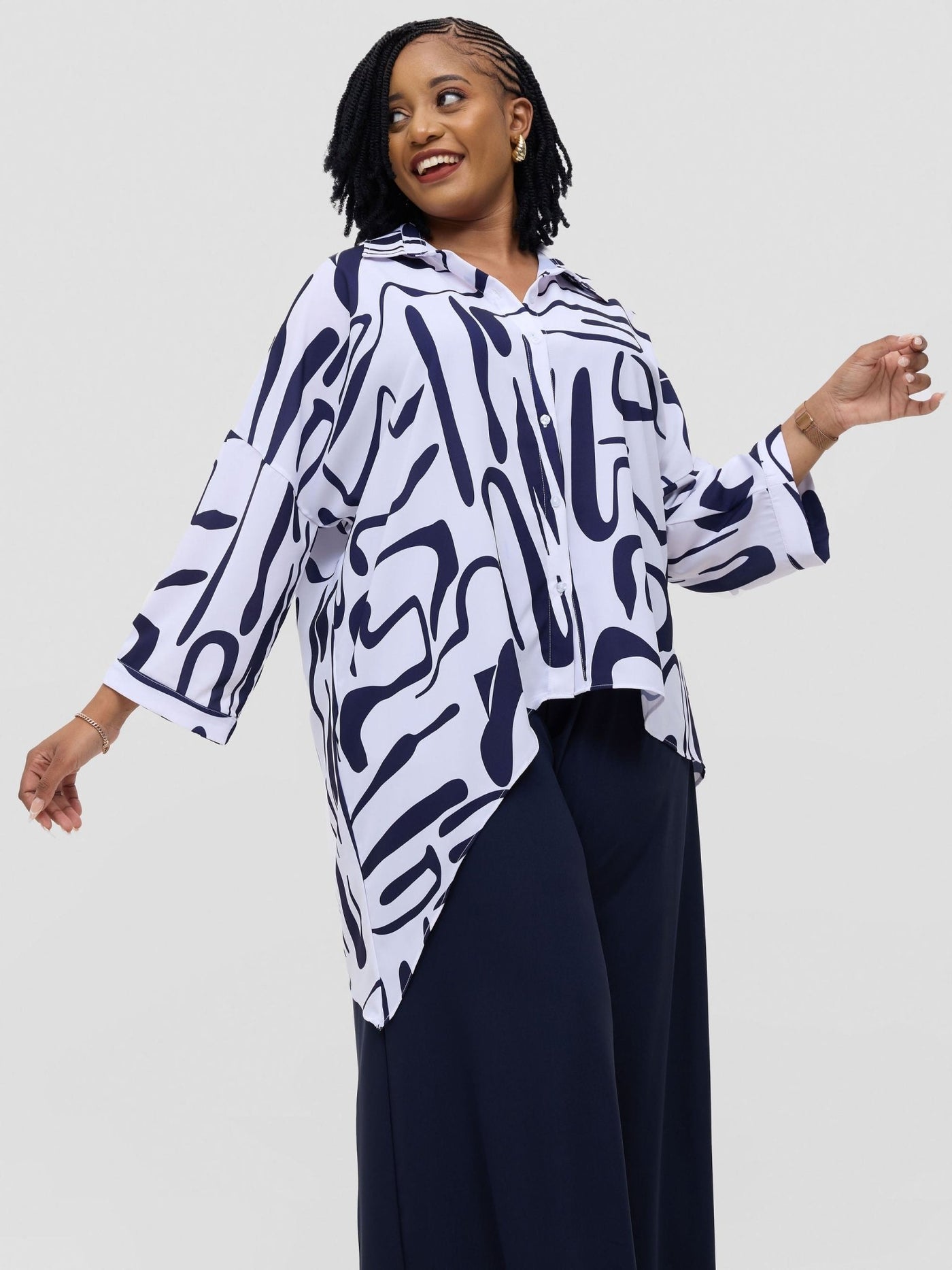 Vivo Serwa Asymmetric Top - White / Navy Sera Print - Shopzetu