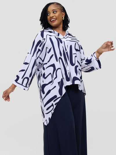 Vivo Serwa Asymmetric Top - White / Navy Sera Print - Shopzetu
