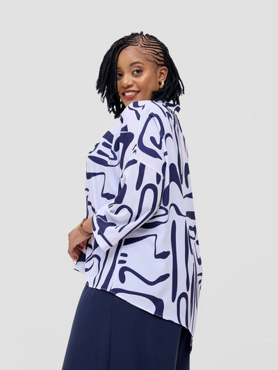 Vivo Serwa Asymmetric Top - White / Navy Sera Print - Shopzetu
