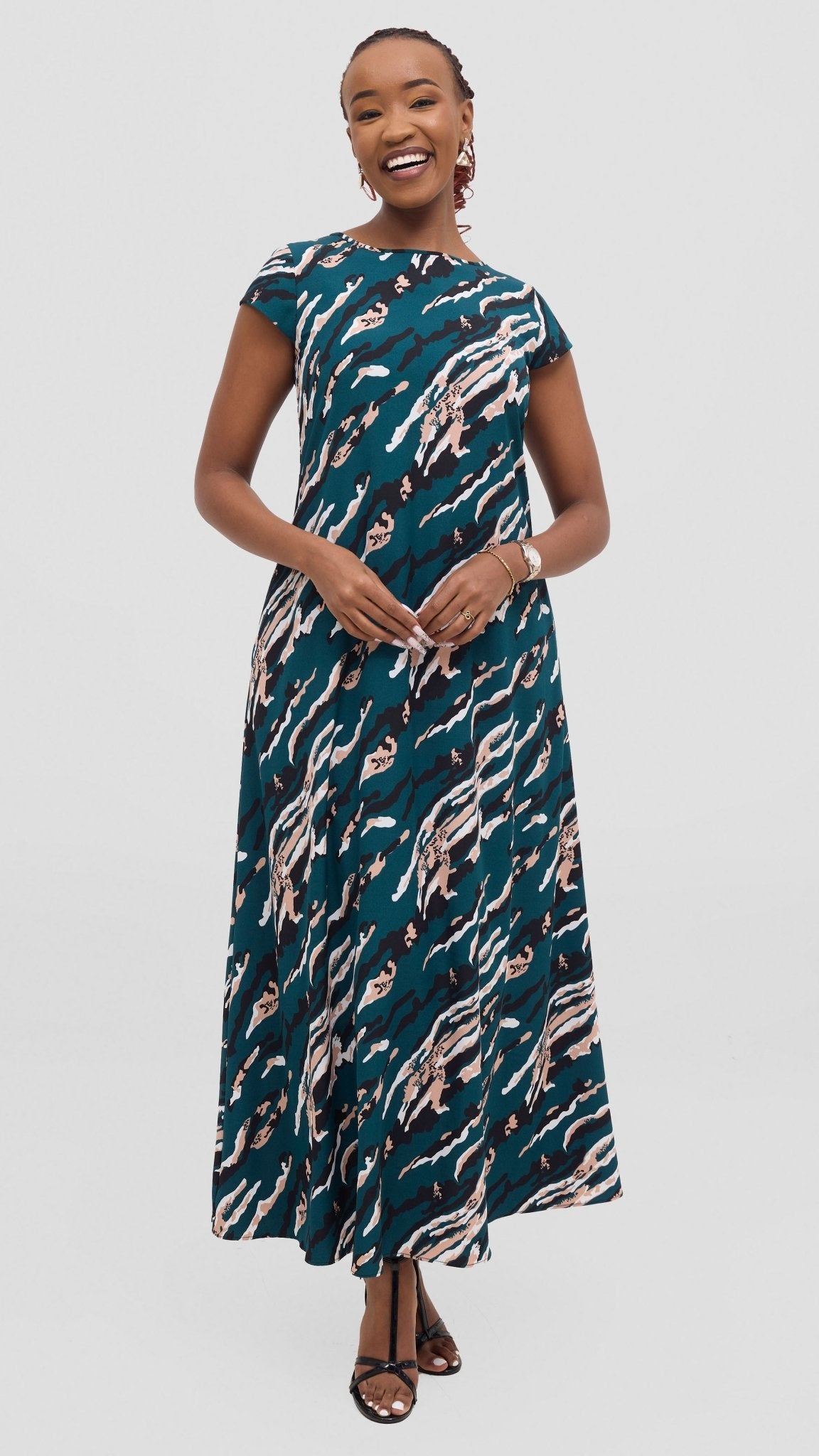 Vivo Basic Cap Sleeve Maxi Tent Dress - Dark Green / Black Print - Shopzetu