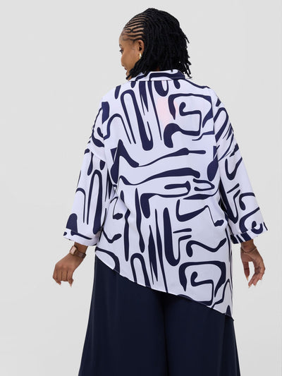 Vivo Serwa Asymmetric Top - White / Navy Sera Print - Shopzetu