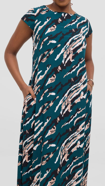 Vivo Basic Cap Sleeve Maxi Tent Dress - Dark Green / Black Print - Shopzetu