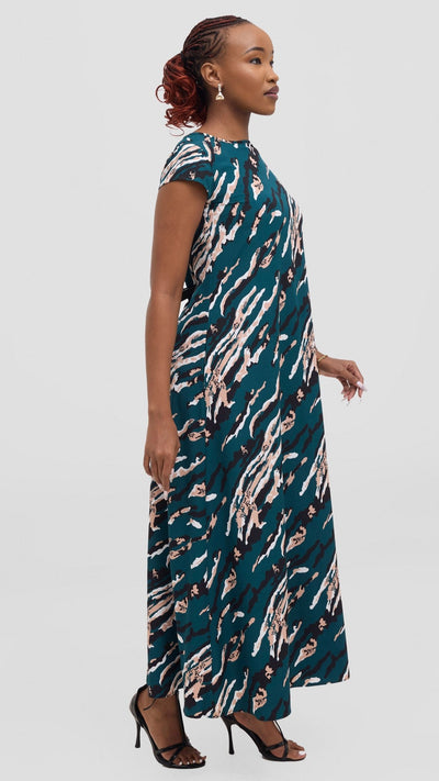 Vivo Basic Cap Sleeve Maxi Tent Dress - Dark Green / Black Print - Shopzetu