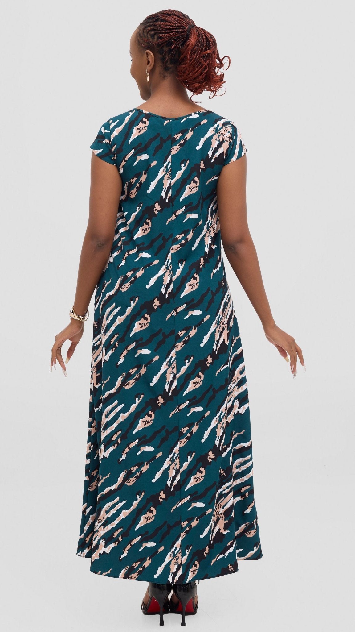 Vivo Basic Cap Sleeve Maxi Tent Dress - Dark Green / Black Print - Shopzetu