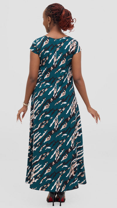 Vivo Basic Cap Sleeve Maxi Tent Dress - Dark Green / Black Print - Shopzetu
