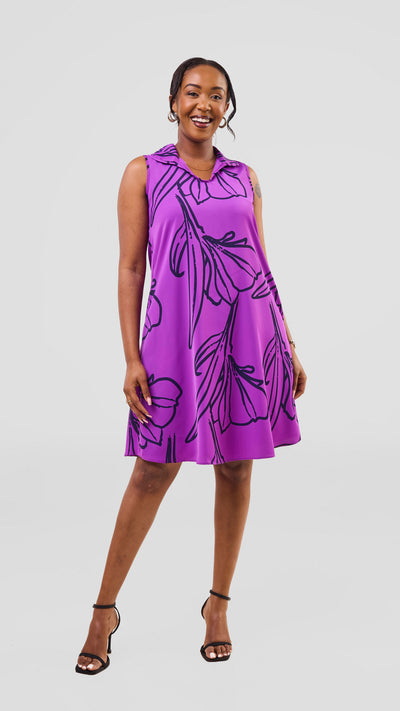 Vivo Asha Sleeveless Knee Length Dress - Purple / Navy Nola Print