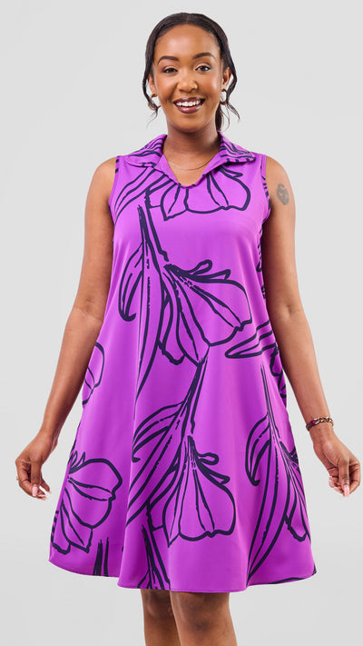 Vivo Asha Sleeveless Knee Length Dress - Purple / Navy Nola Print