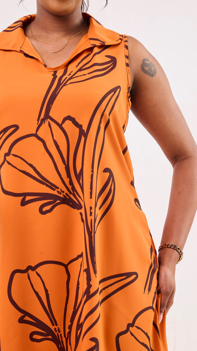 Vivo Asha Sleeveless Knee Length Dress - Dark Orange / Brown Nola Print