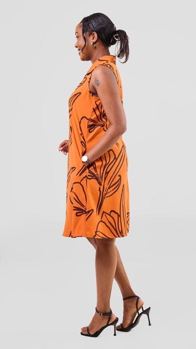 Vivo Asha Sleeveless Knee Length Dress - Dark Orange / Brown Nola Print