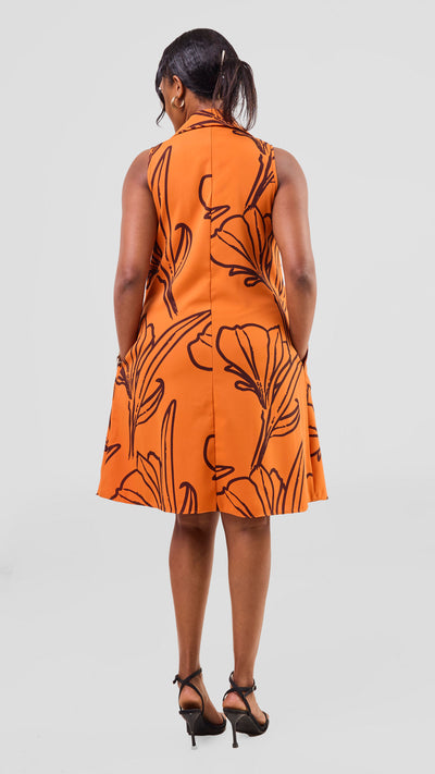 Vivo Asha Sleeveless Knee Length Dress - Dark Orange / Brown Nola Print