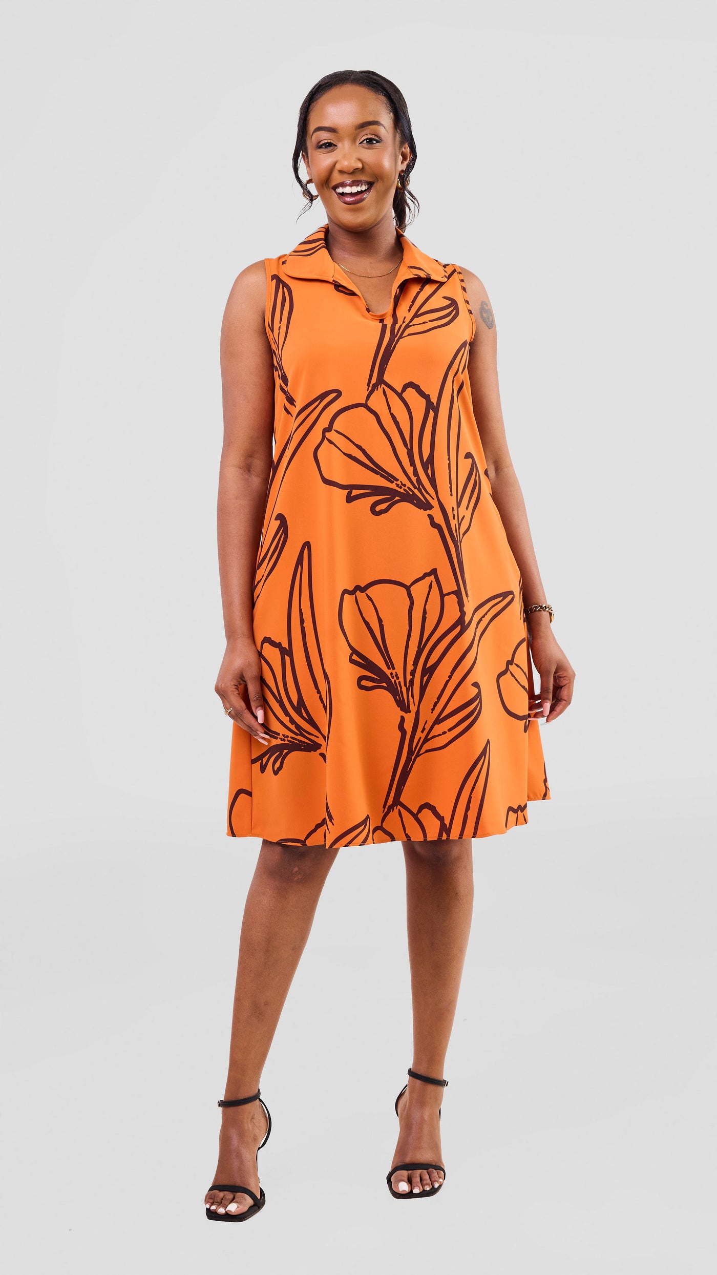 Vivo Asha Sleeveless Knee Length Dress - Dark Orange / Brown Nola Print