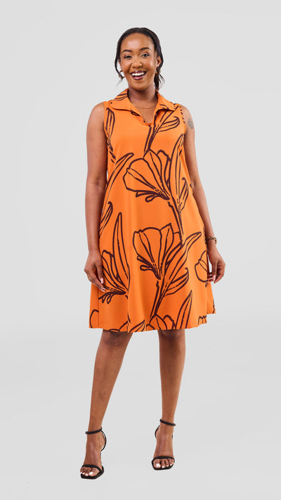 Vivo Asha Sleeveless Knee Length Dress - Dark Orange / Brown Nola Print