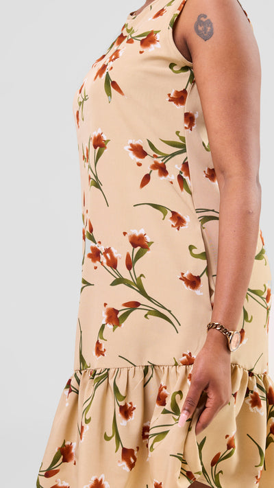 Vivo Dalia Sleeveless Gathered Tent Dress - Cream / Green Print