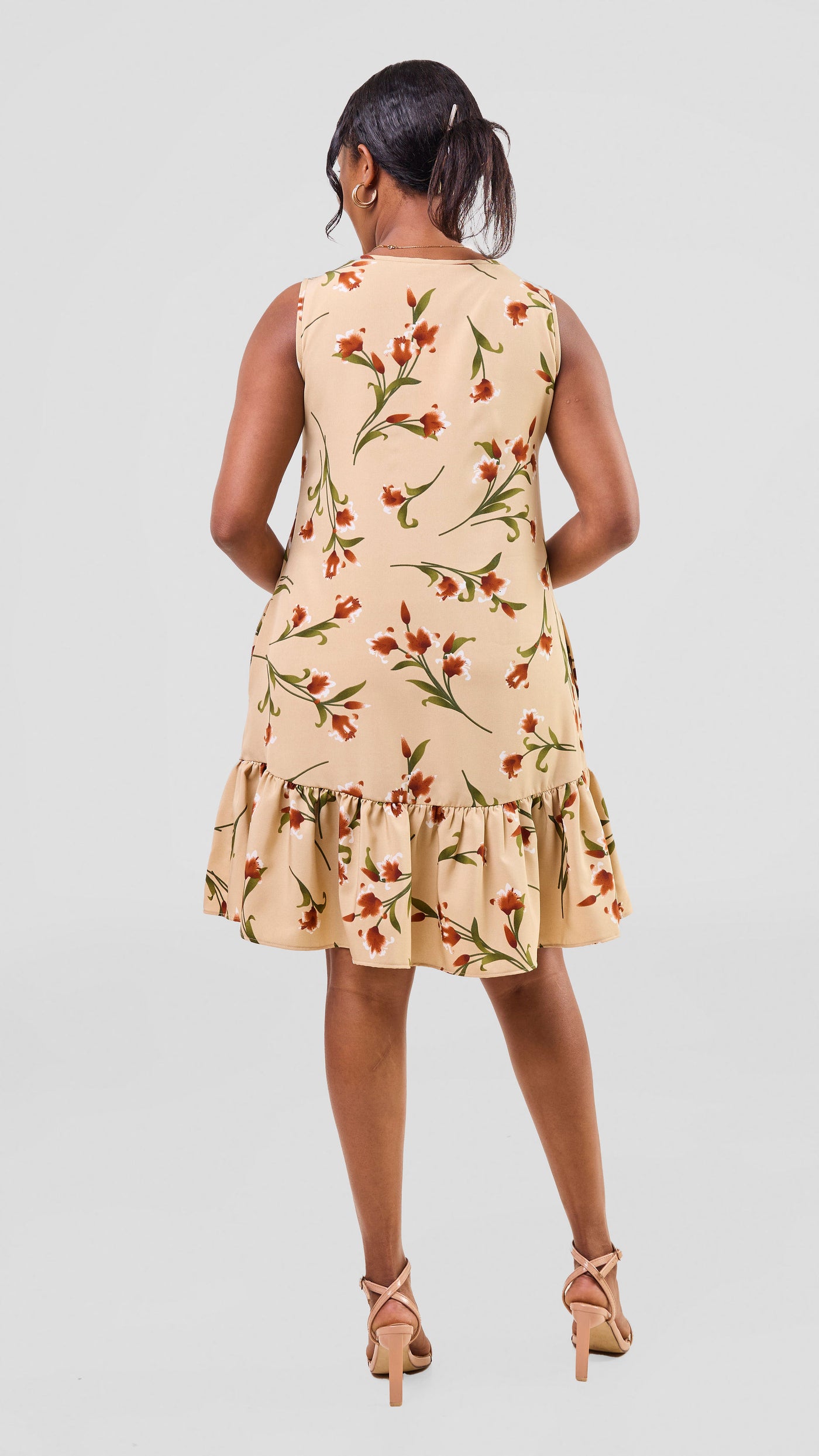 Vivo Dalia Sleeveless Gathered Tent Dress - Cream / Green Print