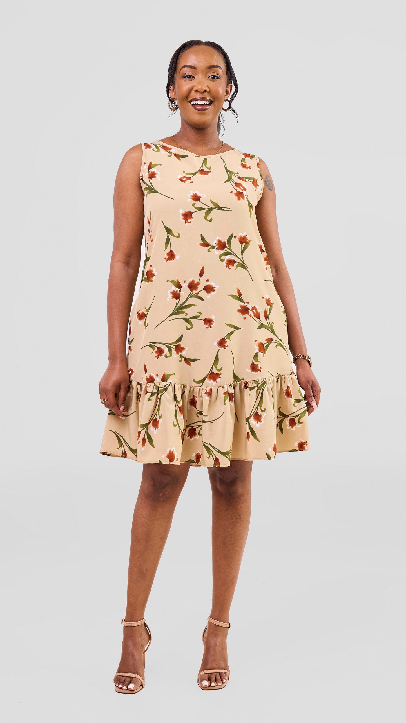 Vivo Dalia Sleeveless Gathered Tent Dress - Cream / Green Print