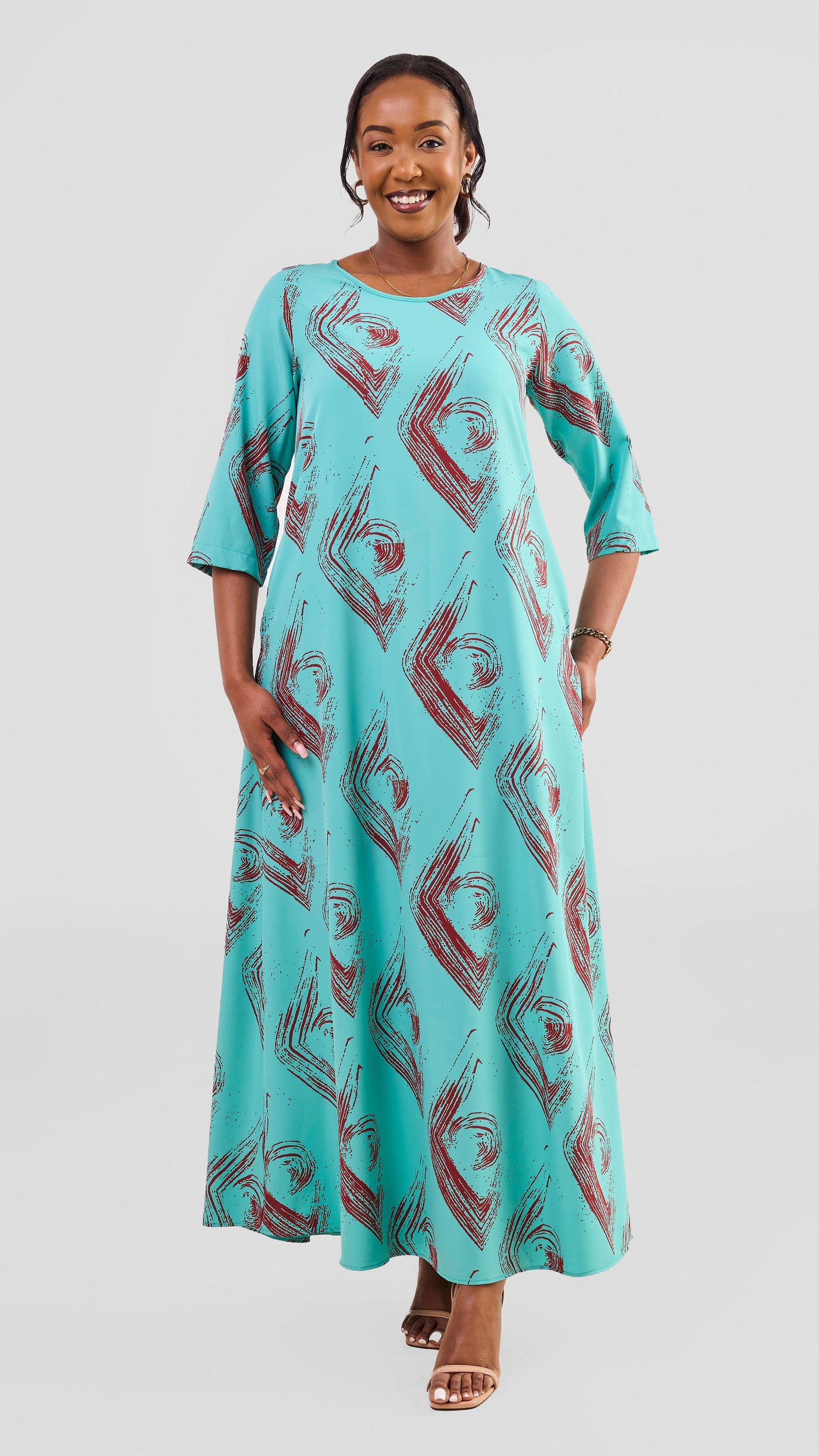 Vivo Maisha 3/4 Sleeve Maxi Dress - Sea Green / Dark Rust Iza Print