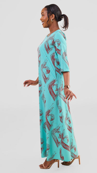 Vivo Maisha 3/4 Sleeve Maxi Dress - Sea Green / Dark Rust Iza Print