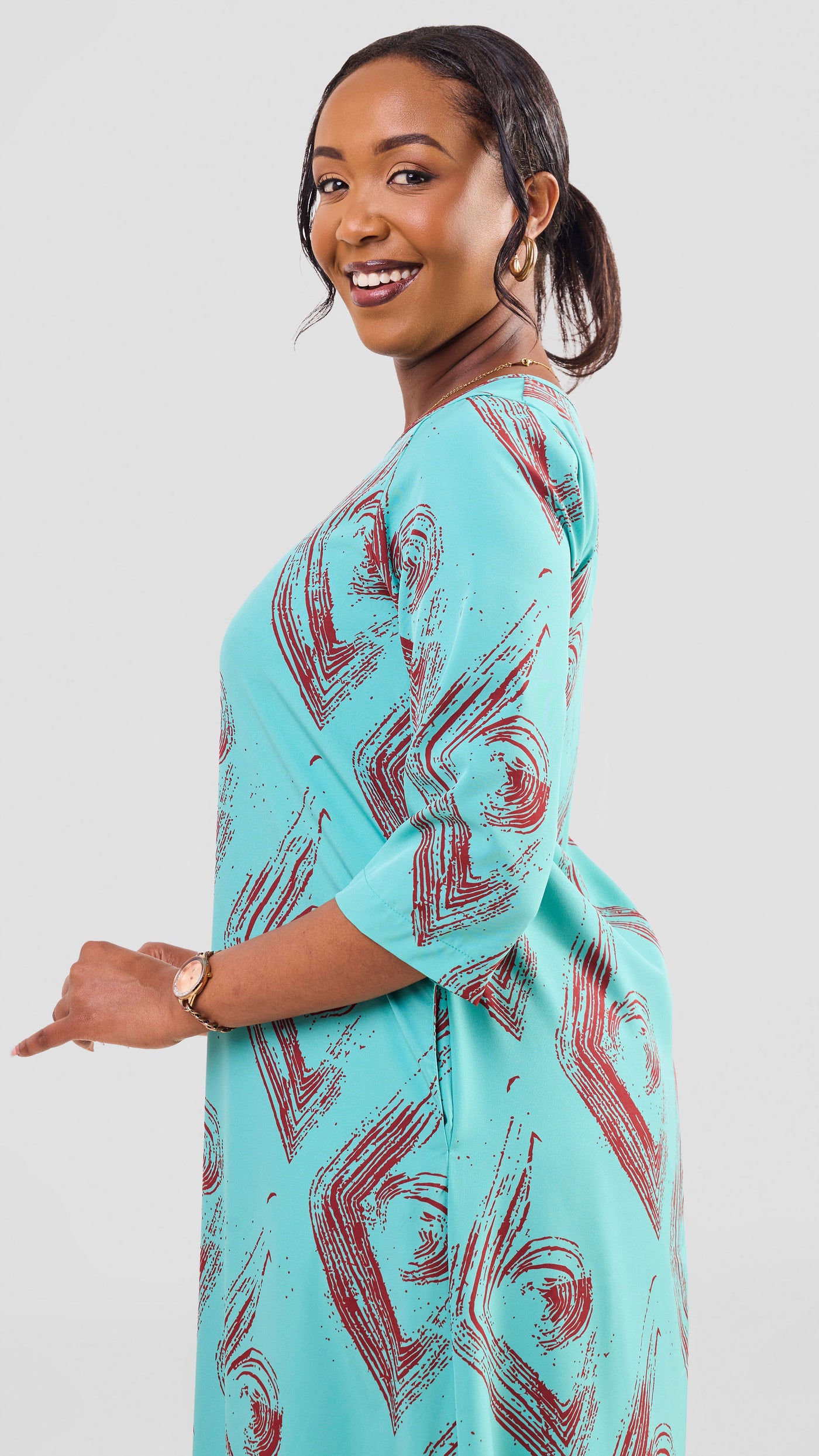 Vivo Maisha 3/4 Sleeve Maxi Dress - Sea Green / Dark Rust Iza Print