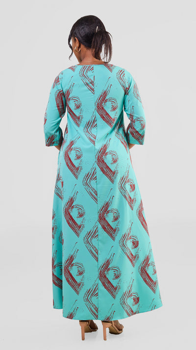 Vivo Maisha 3/4 Sleeve Maxi Dress - Sea Green / Dark Rust Iza Print