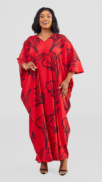 Vivo Ayla Maxi Kaftan Dress - Red / Navy Nola Print