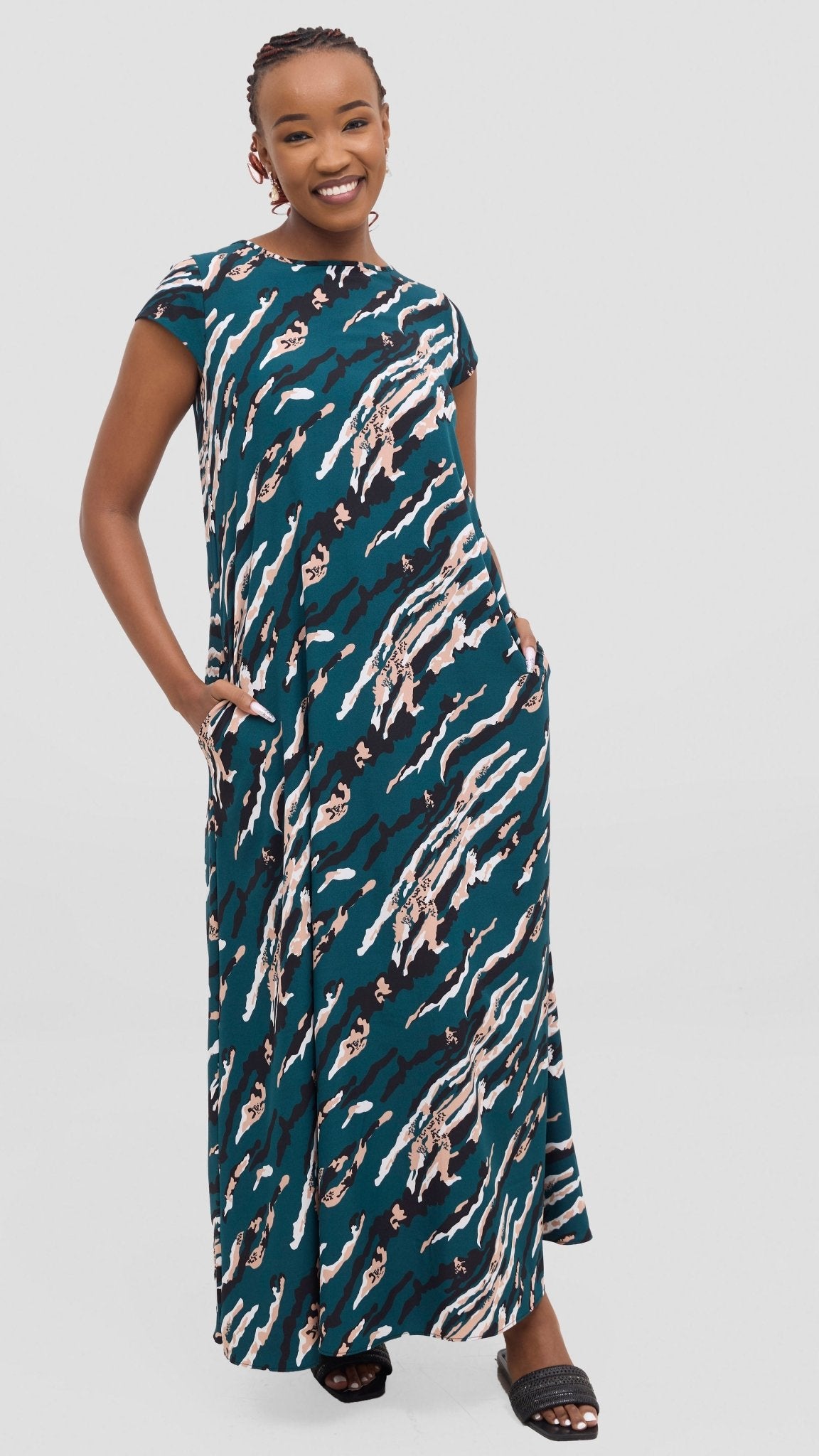 Vivo Basic Cap Sleeve Maxi Tent Dress - Dark Green / Black Print - Shopzetu