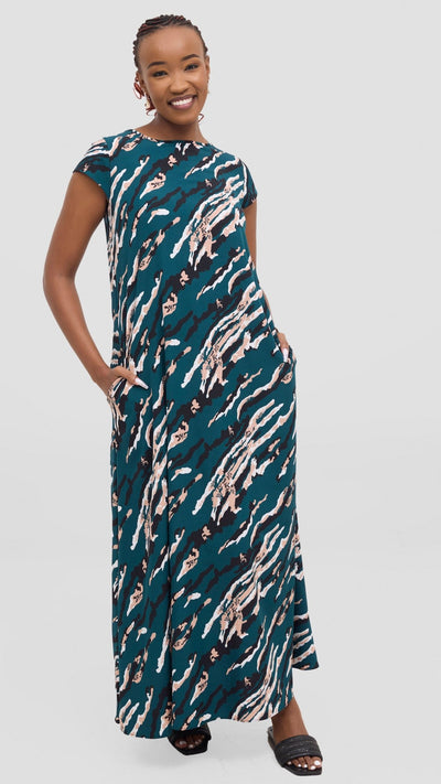 Vivo Basic Cap Sleeve Maxi Tent Dress - Dark Green / Black Print - Shopzetu