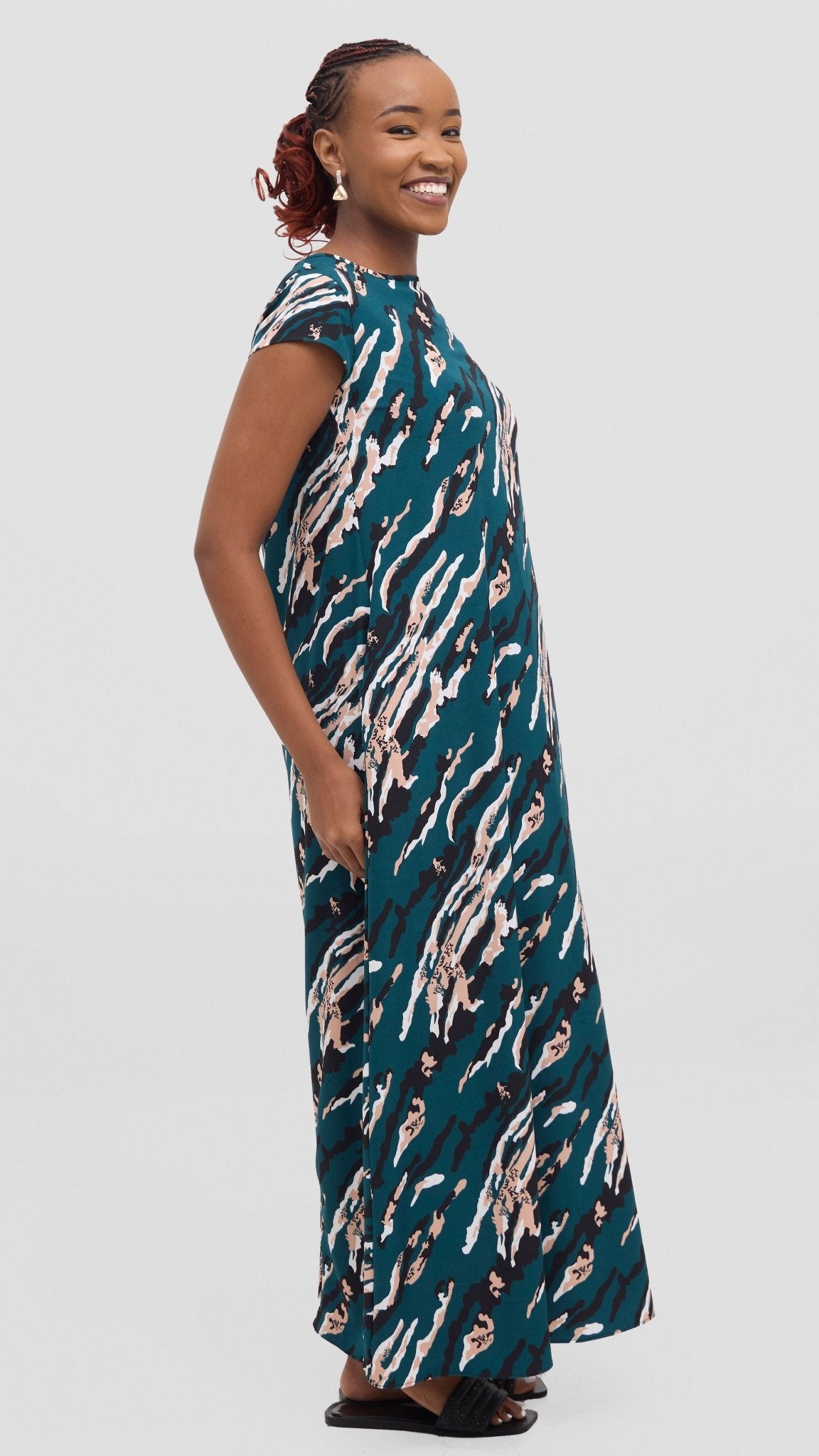 Vivo Basic Cap Sleeve Maxi Tent Dress - Dark Green / Black Print - Shopzetu