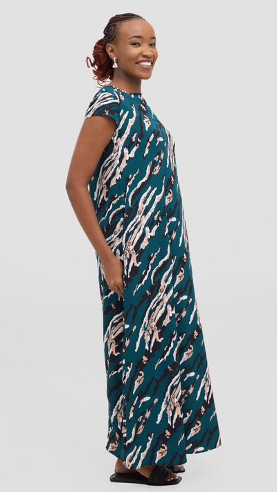 Vivo Basic Cap Sleeve Maxi Tent Dress - Dark Green / Black Print - Shopzetu