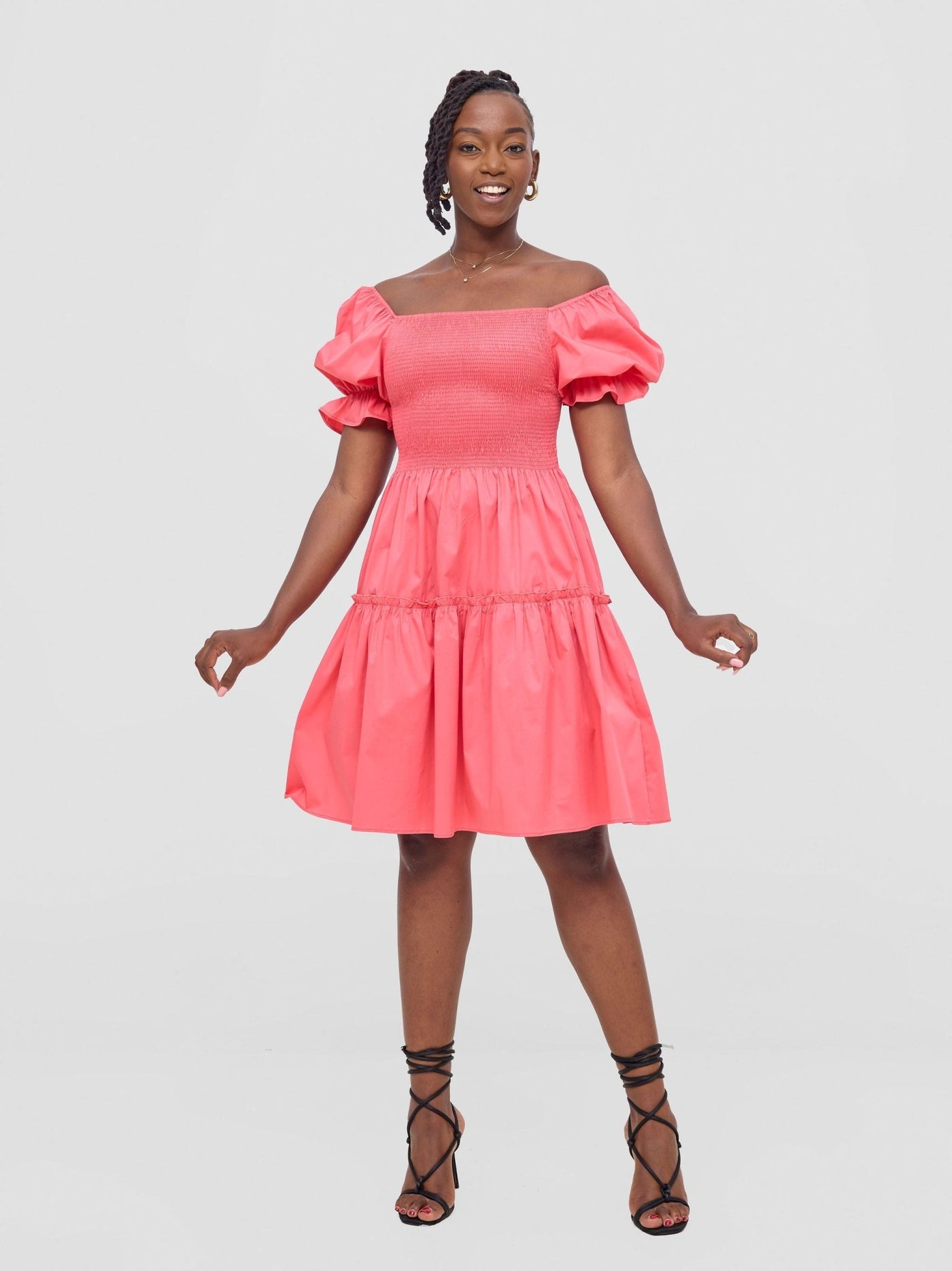 Safari Mara Shirred Bishop Sleeve Dress - Coral - Shopzetu